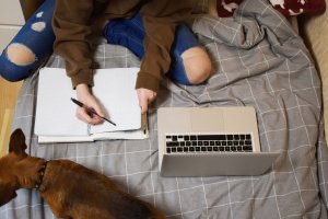 Teenager sitting on bed working with a dog. She or he could use online therapy in New Jersey to help with his anxiety and other issues. Online counseling in New Jersey or telehealth can help!