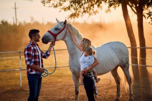 Smiling young family in a horse farm petting horses
