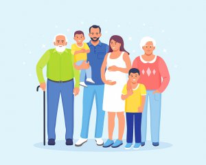 Illustration of 3 generations standing together in colorful clothing. Don't let the past cause future trauma. Start EMDR therapy for children or yourself in Scotch Plains, NJ 07076.
