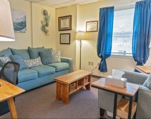 A therapist's office. A blue couch, a brown coffee table, and a gray chair. There is a window with blue curtains hanging and a portrait of a forest hanging above the couch.