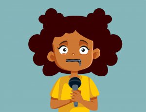 Illustration of a girl holding a microphone and a zipper over her mouth to represent the selective mutism our child therapist in Scotch Plains, NJ is talking about. One thing that could help this girl is child therapy for anxiety.