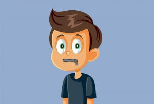 Illustration of a boy with a zipper over his mouth. Showing what it can feel like for a kid who has selective mutism. A child psychologist or therapist can work to give them their voice back in child therapy for anxiety.