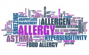 A collage of words related to food allergies including “allergen, sneezing, symptom, anaphylaxis” Learn how anxiety treatment in Cranford, NJ or Bridgewater, NJ can help you overcome food allergy anxiety today.