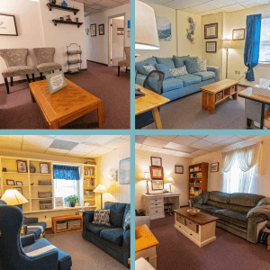 four different pictures inside the Brave Minds Psychological Services office of Scotch Plains, NJ, offering individual, group, family, and couple counseling to children, teens, young adults, and adults in Scotch Plains and surrounding areas.