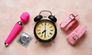 A clock, a vibrator, a condom, and belts for restraint during sex. Bring sex toys into the bedroom after a traumatic birth experience can help one regain their sex drive. Contact a therapist near you for birth trauma counseling.