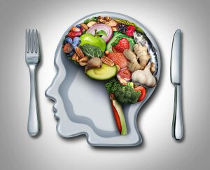 A graphic of a salad in the shape of a brain and a plate in the shape of a head. Learn of the effects of food allergies and anxiety by searching for anxiety treatment scotch plains, nj or contacting an anxiety therapist in Branchburg, NJ. 