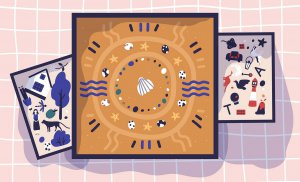 A digital illustration of a sand tray therapy setup, featuring a central tray filled with sand, shells, and small objects with two other smaller trays as well. Learn how sandplay therapy in Branchburg, NJ can offer support by contacting a child therapist in Scotch Plains, NJ. Search for child therapy for anxiety and other services.