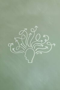 A minimalist illustration on a sage green background showing a profile of a human head with multiple flowing arrows radiating outward in different directions, symbolizing neurodivergent thought patterns and the expansive possibilities that therapy can unlock for individuals in Scotch Plains.