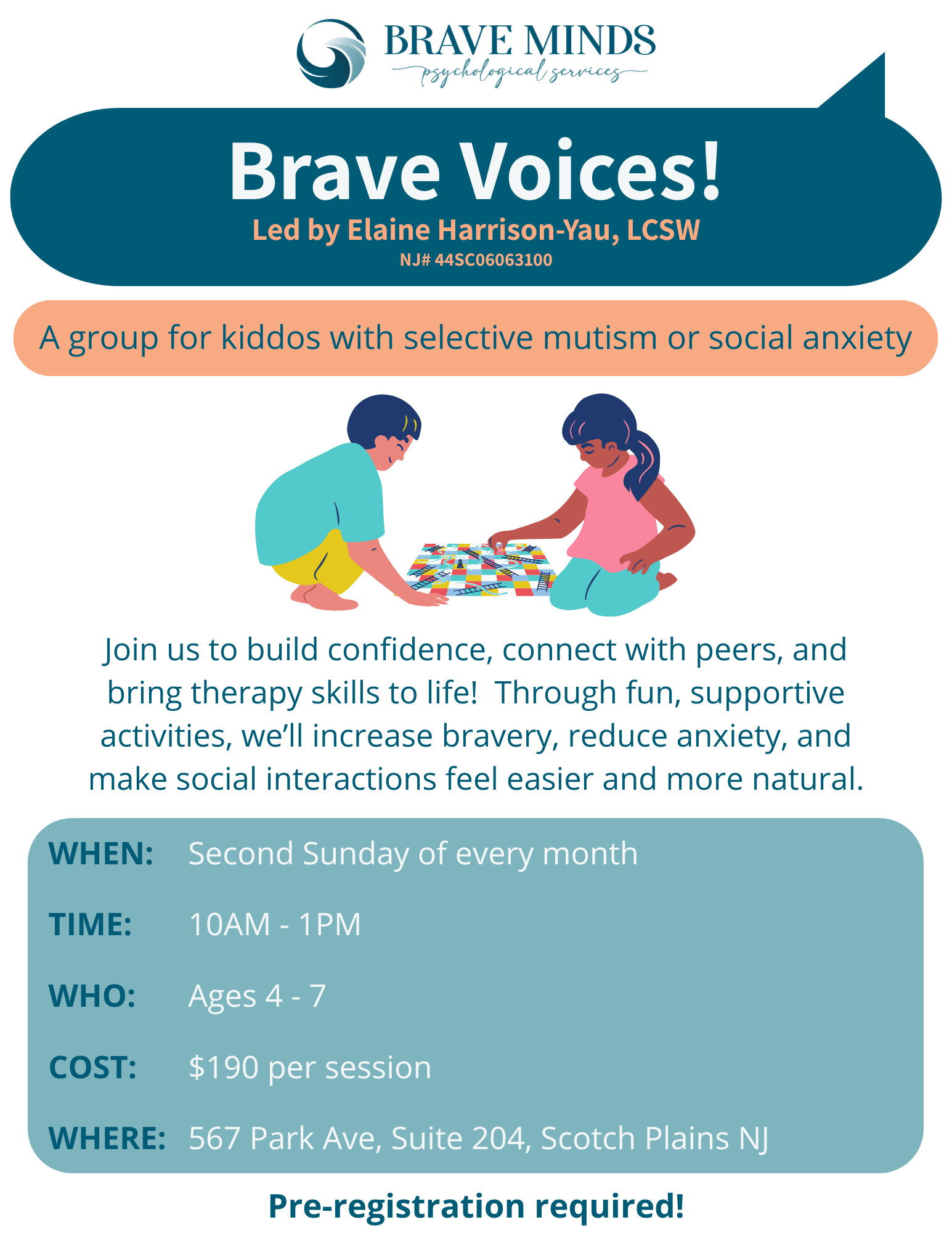 Flyer for "Brave Voices!" therapy group for children ages 4–7 with selective mutism or social anxiety; meets monthly in Scotch Plains, NJ. Pre-registration required.