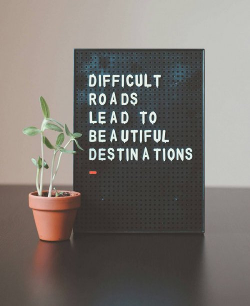 A small potted plant sits next to a black sign that reads, "Difficult roads lead to beautiful destinations.