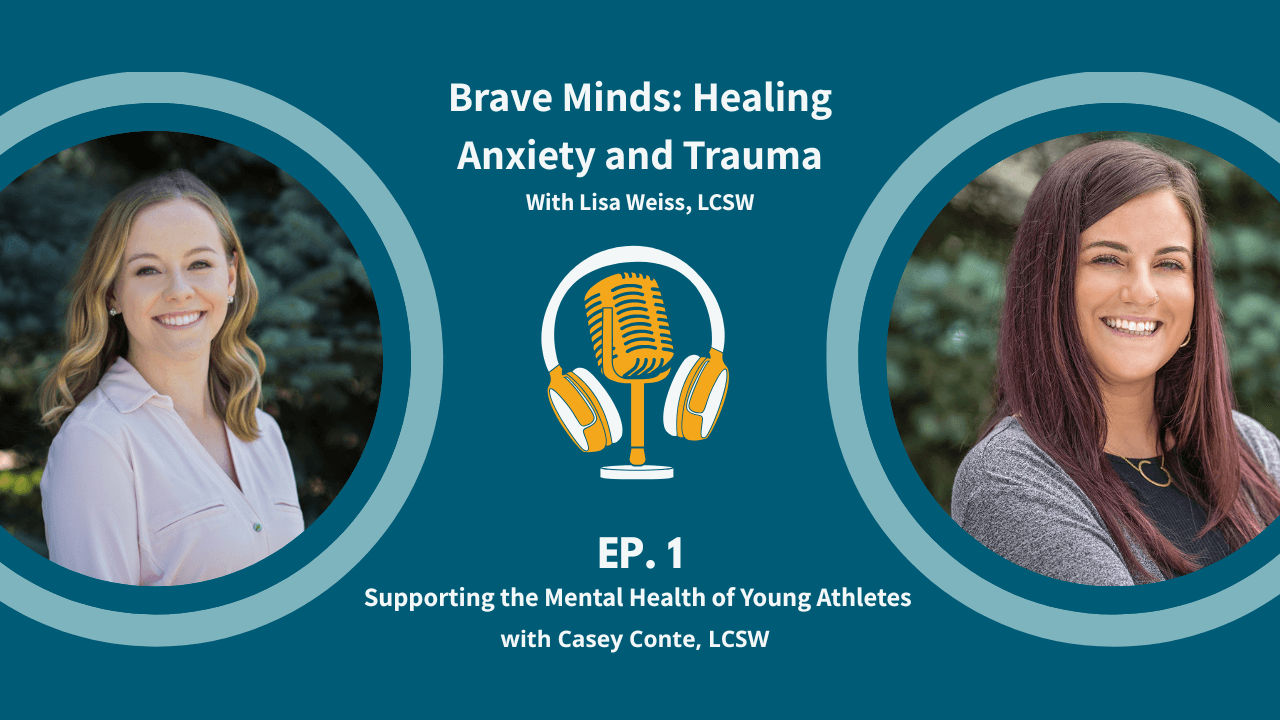 Podcast episode graphic featuring photos of two women, Lisa Weiss and Casey Conte, with episode title “Brave Minds: Healing Anxiety and Trauma” and the topic of young athletes’ mental health.